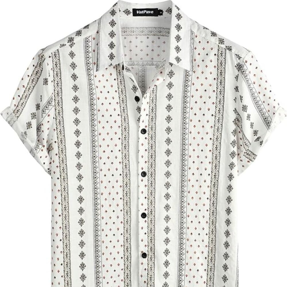 Vatpave - Men’s Casual Short Sleeve Button-Down Shirt White/Black Medium